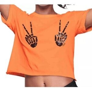 PINK Victoria's Secret Orange sequin skull hands Crop Top